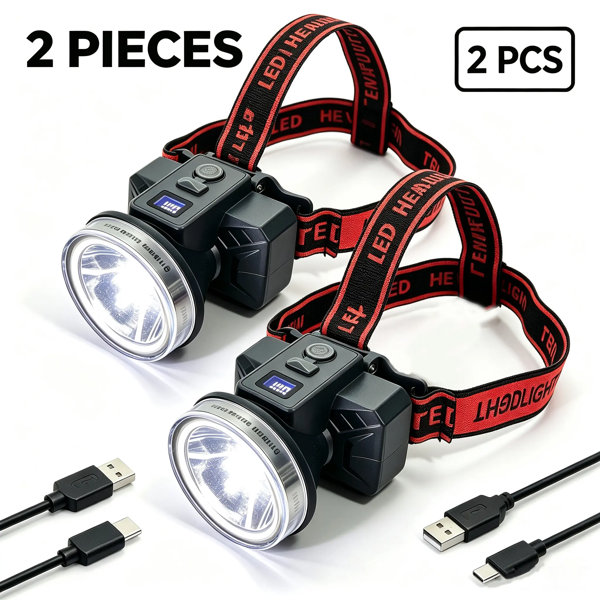 2-Pack Ultra-Light Rechargeable LED Headlamp (2.1oz) with Smart LCD Battery Display, 3 Modes for Camping, Running, Sports & Outdoor Leisure Equipment