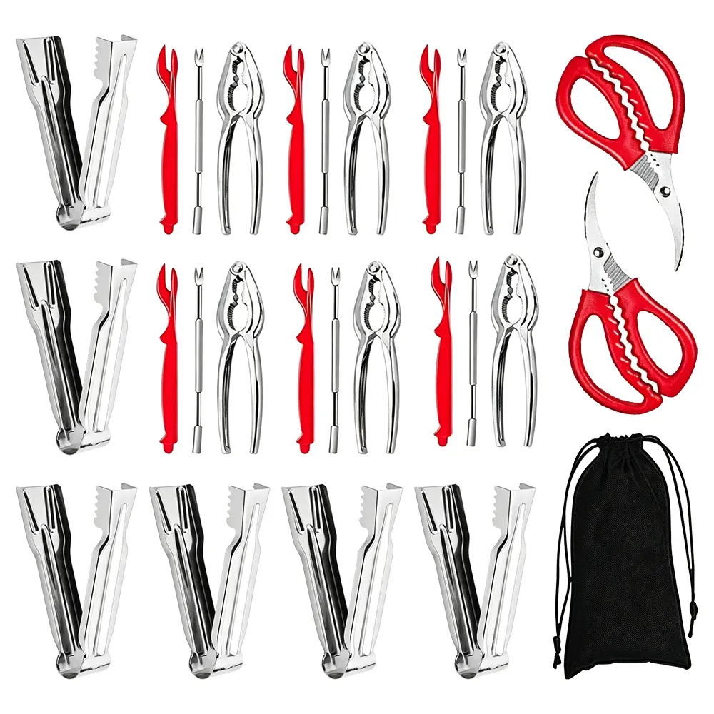 6 Packs  Crab Crackers and Tools Set with 6pcs Small Clip & 2pcs Stainless Steel Seafood Scissors and 1pc Cotton Storage Case for Kitchen, Restaurant or Parties