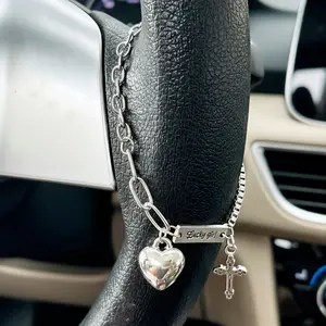 Heart Bead Car Steering Wheel Charm, Religious Car Decoration Hanging Accessory, Cross Hanging Ornament for Men and Women, Girly Car Accessories, Car Trinkets