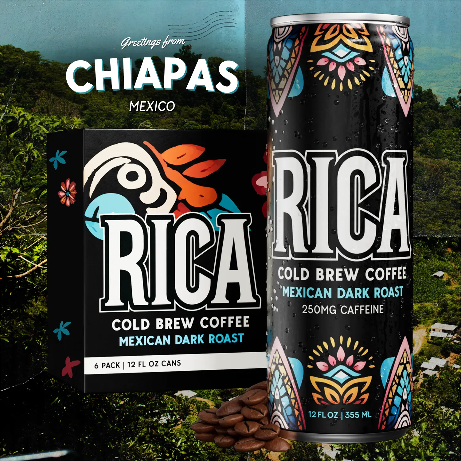 RICA Cold Brew | Mexican Single Origin Dark Roast Coffee From Chiapas | Ready To Drink Black Cold Brew Coffee With 250mg Natural Caffeine | Unsweetened, Low Acid, Shelf Stable 12oz Cans