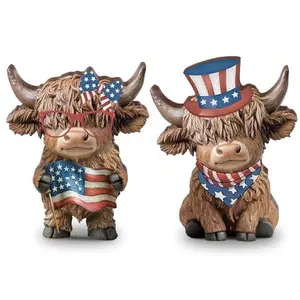 Patriotic Highland Cow Figurines Wooden Statue 4th of July Highland Cattle Wooden Sign USA Highland Cow Gift for Calf Lovers Cow Boy, dcoration for Home Garden Kitchen Office Tiered Tray Table, 2/3/4pcs