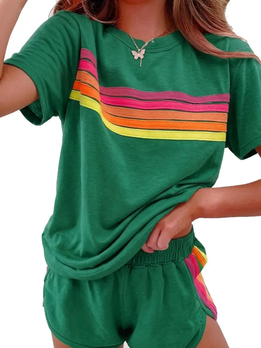 2 Piece Lounge Sets for Women Summer Rainbow Striped Tops Casual Shorts Color Blocked Suit Sweatshirts Set, thin version