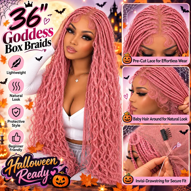 #Pink 36" Full Lace Bohemian Knotless Boho Box Braided Wig – Barbie Pink SuperNova, Lightweight, Breathable, Natural Look, Long-Lasting & Easy to Maintain Knotless Boho Wig Glueless Lace Wig #Halloween #TikTokShopStockUp #DealsForYouDays