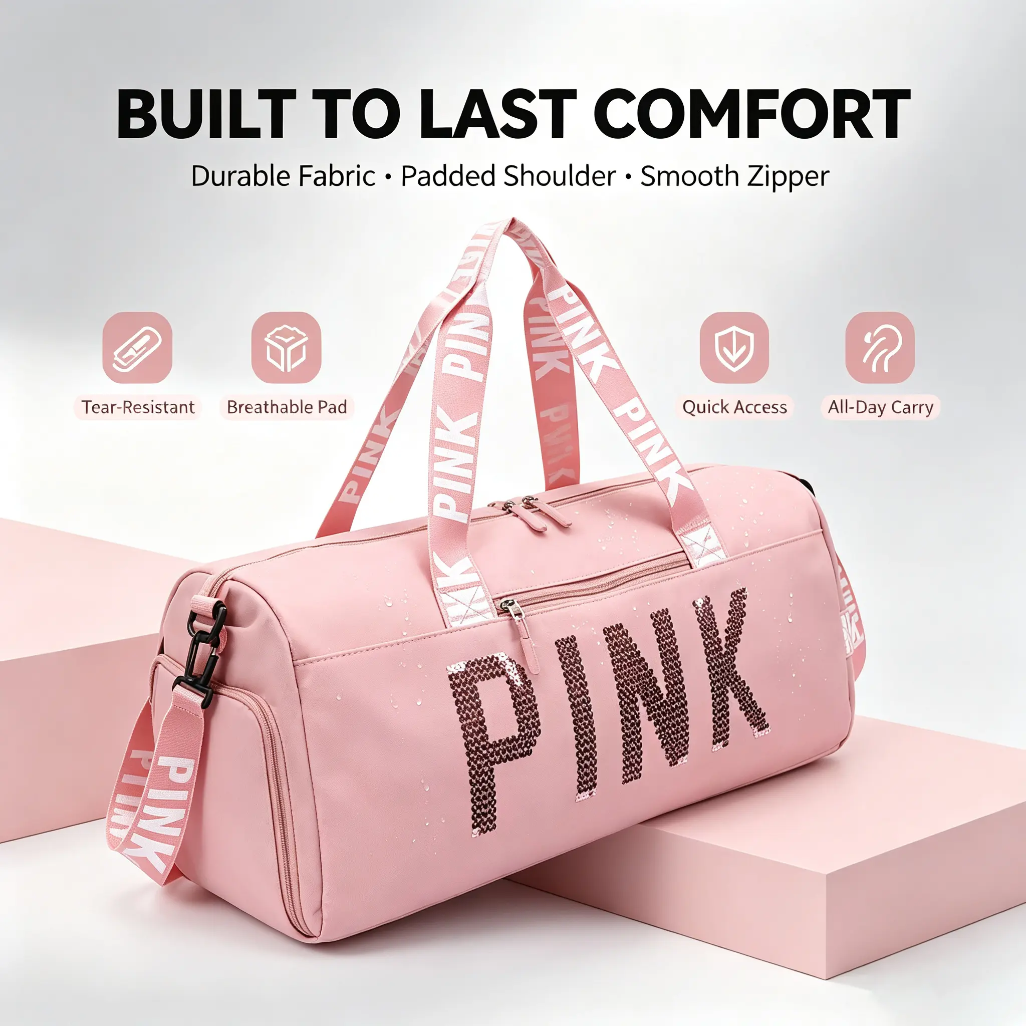 Pink Sequin Duffel Gym Bag - Cute Travel Bags with Smooth Surface, Buckle Closure, Wet-Dry Pocket, Shoe Compartment, Sporty Chic for Gym Workouts & Short Trips