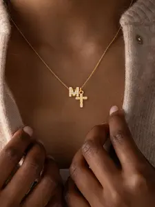 Stainless Steel Letter Initial Cross Pendant Necklace for Women, Elegant Casual Design with Zircon Accents, Perfect Gift for All Seasons