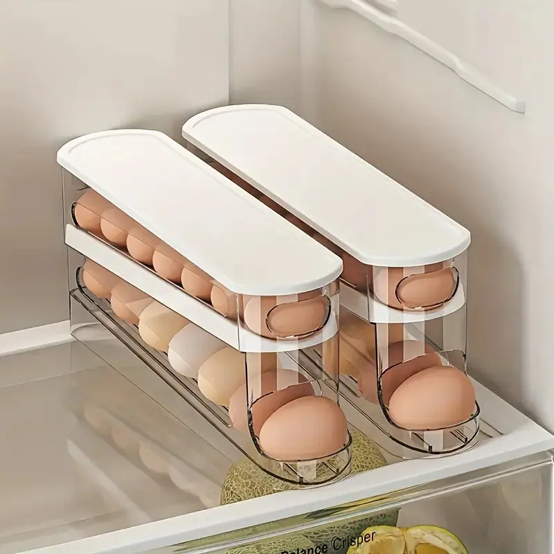 A stackable, adjustable egg rack for refrigerator doors, Stackable Fridge Organizer, Refrigerator Storage, Fridge Organizers And Storage, made of plastic, can hold 18 eggs, suitable for kitchen organization accessories