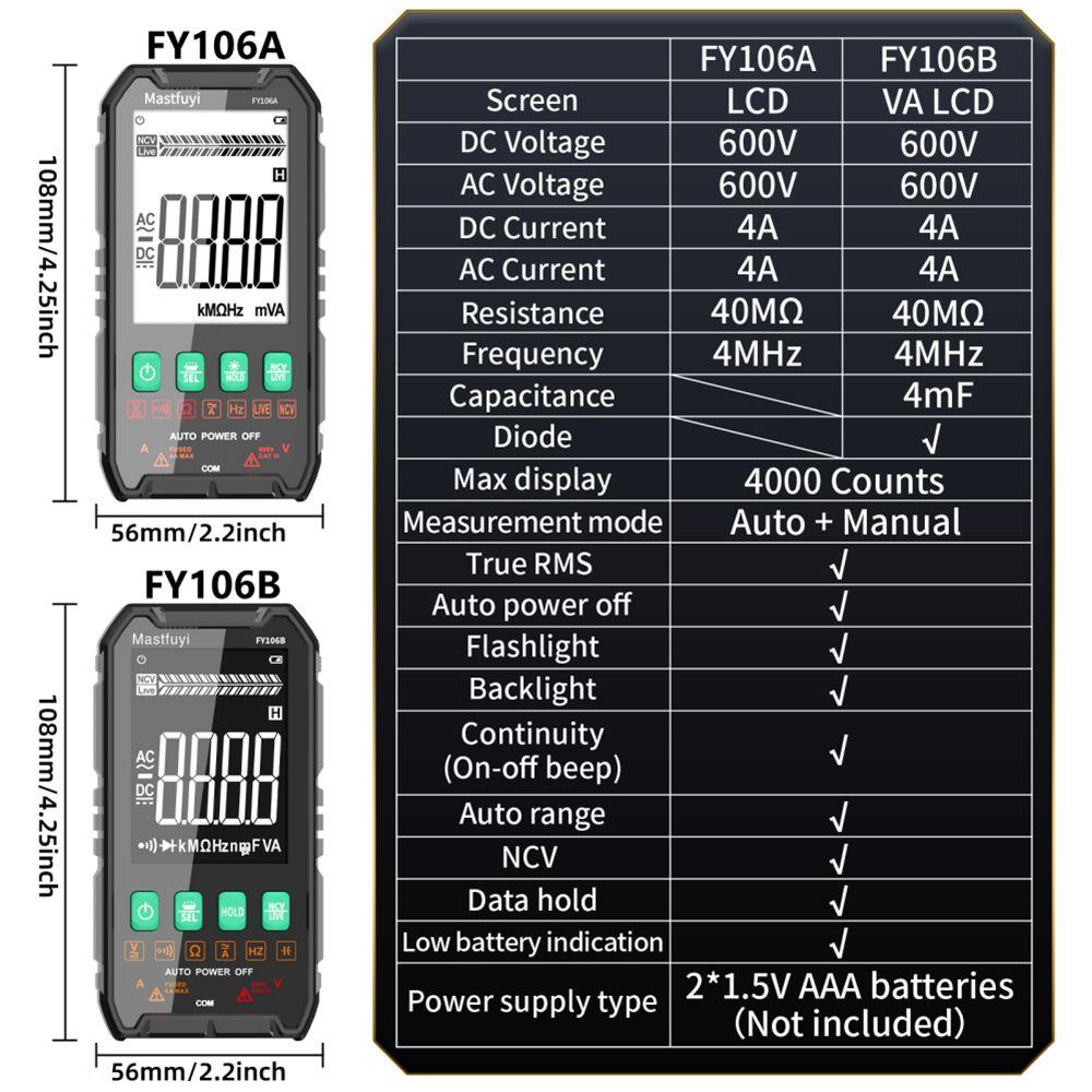 FY106 Smart Multimeter Mini Digital Multimeter 3999Counts Auto-Ranging CAT III 600V Professional Voltage Multimeter Multimeter Test Leads Multimeter Tester