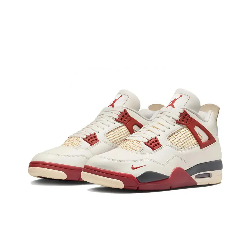 Cream White Mid Top Retro Basketball Sneakers with Red and Grey Accents