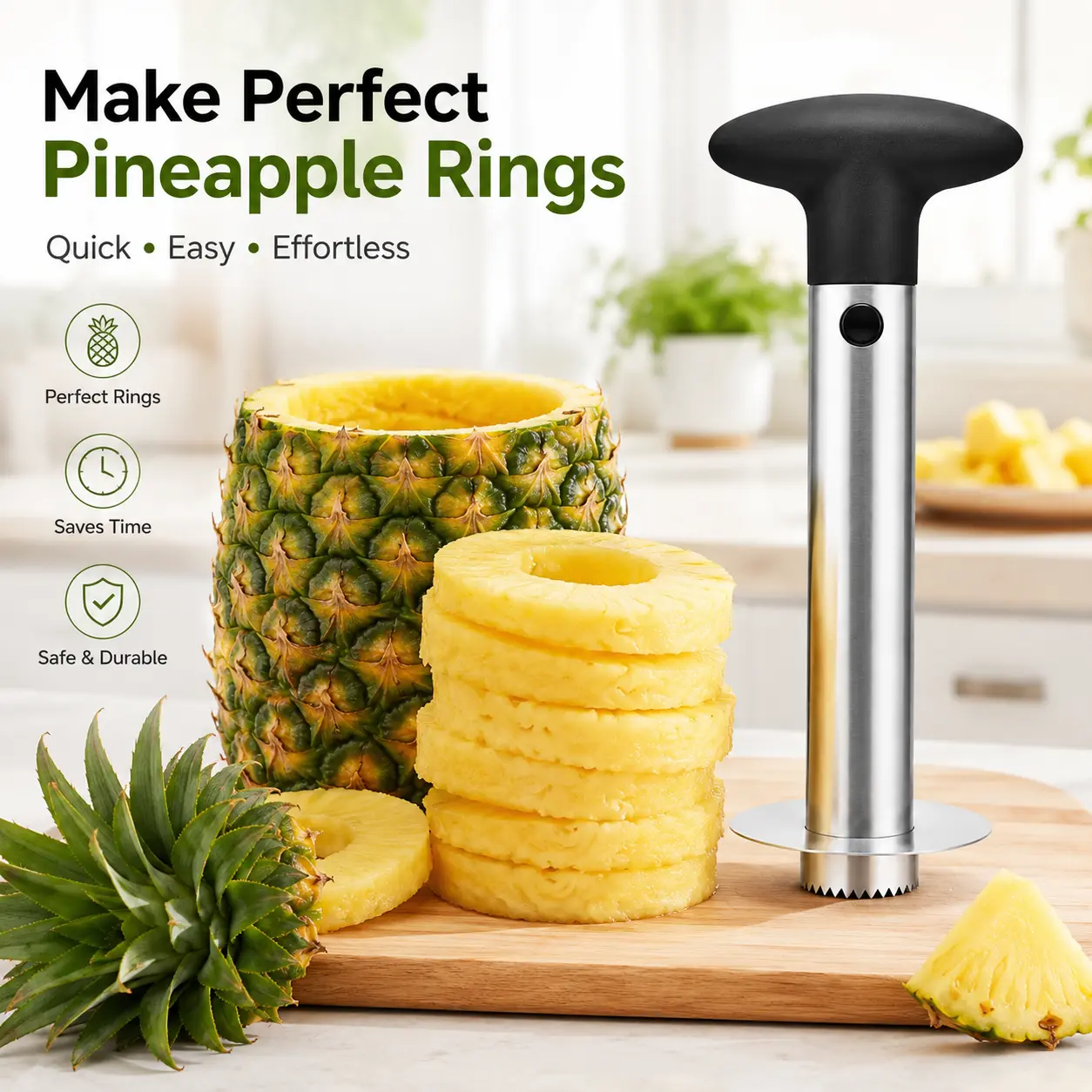 Premium Pineapple Corer and Slicer Tool - Sharp Pineapple Cutter with Serrated Tips- Easy to Use and Clean - Stainless Steel Core Remover for Pineapple - Core Fruits with Ease(Black)