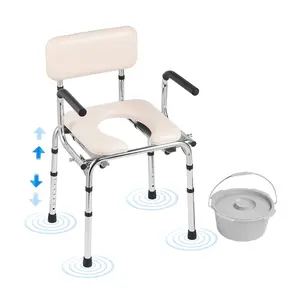 【Father's Day gift】VEVOR Commode Chair, Bedside Commode with Padded Seat, Drop-Down Arms, 7-Level Adjustable Height, 5.8L Removable Bucket, Easy to Assemble, 350LBS Capacity, Portable Toilet for Adults Seniors Home Wood