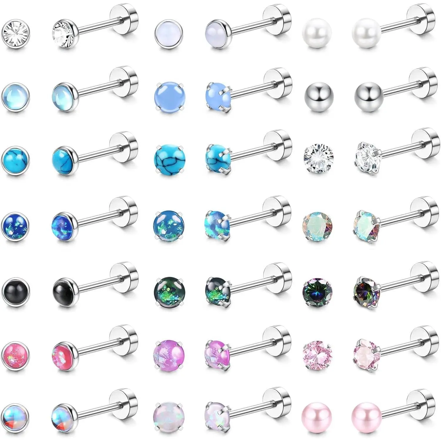 CASSIECA 20G Surgical Steel Hypoallergenic Flat Back Screw Back Earrings Studs, Dainty Stacking Cubic Zirconia Daily Wear for Women, Cartilage Jewelry for Multiple Piercings, Cubic Zirconia Earrings
