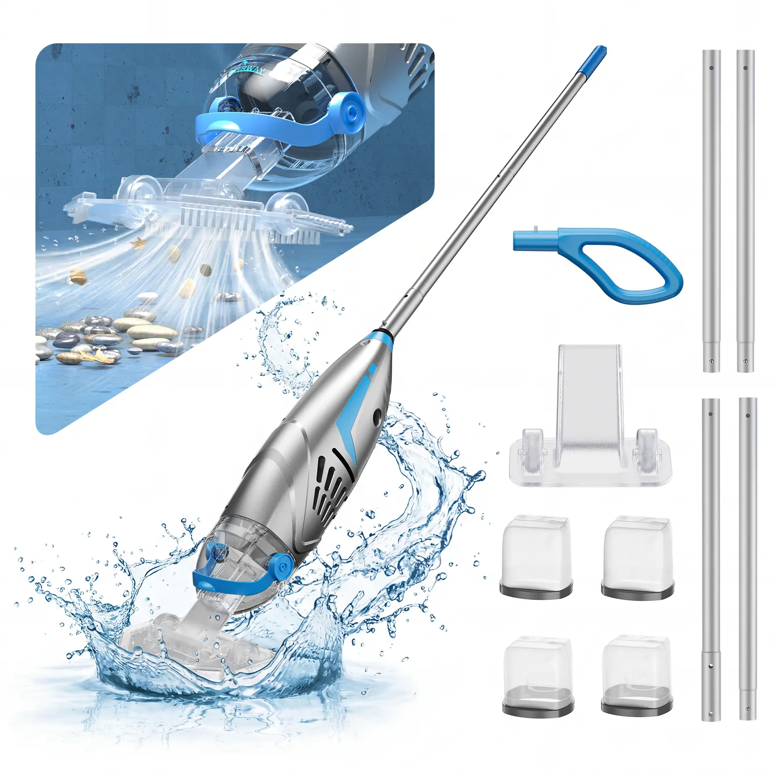 UIRWAY Cordless Pool Vacuum for Above Ground Pools, IPX8 Handheld Rechargeable Pool Cleaner with 2 Vacuum Heads & 4 Filter Bags, 18.5 GPM Powerful Suction, 1H Runtime, Portable for Inground Pool