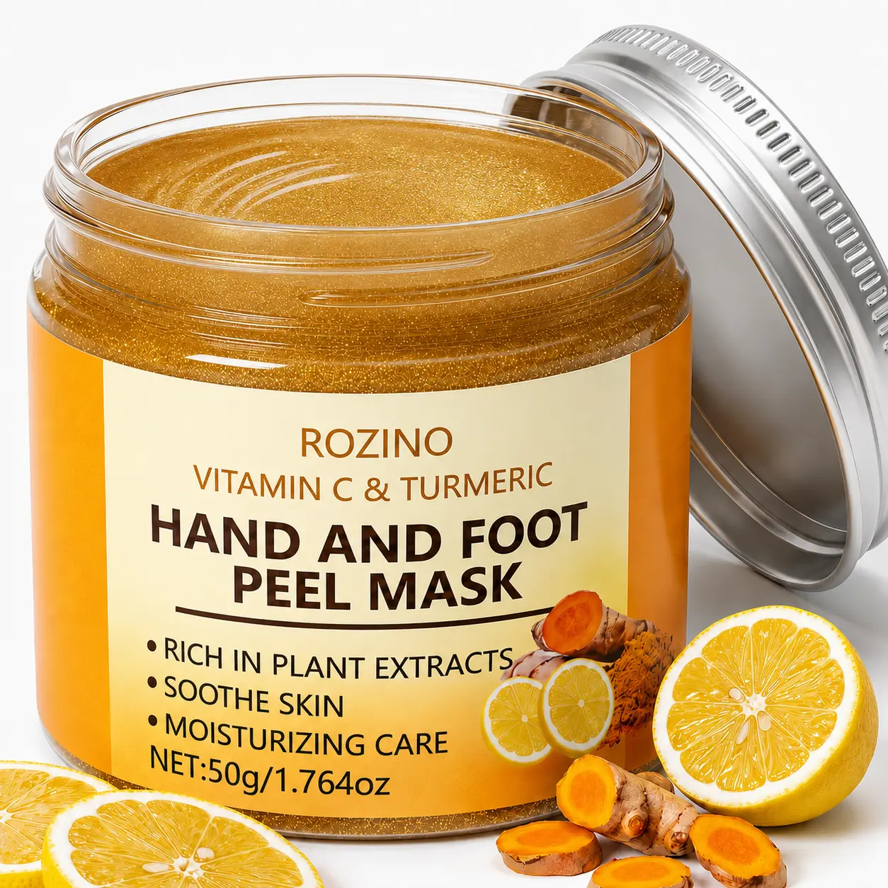 Vitamin C & Turmeric Peel-Off Hand & Foot Mask - 1.76 oz Gel, Deep Moisturizing, Brightening, Exfoliating for Dry Rough Skin, Adults' Self Care Products, Moisturizer, Fresh Gifts for Women, Golden Olive Oil