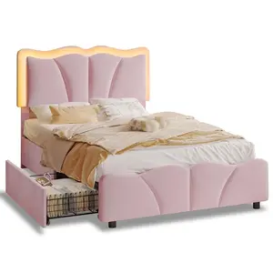 SIKAIC Upholstered LED Adjustable Bed Frame with USB Ports, Storage Drawers, Multifunctional Corner Adjustable Headboard - Pink Upholstered Platform Bedframe Indoor Furniture Set