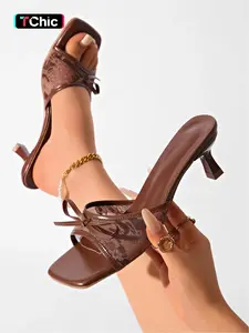 Summer Lace Bow Mules, Square Toe Stiletto Sandals, Vintage High Heel Slippers for Women, Contemporary Style, Textile Upper, Rubber Sole