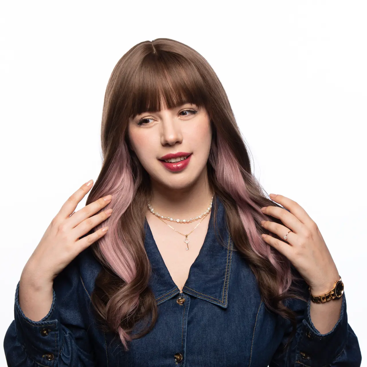 25-Inch Chestnut Brown (Light Pink Underlights) Wavy Ends Synthetic Wig | 【Heat Resistant】【Cap Included】 | #15 @49 41FSGB