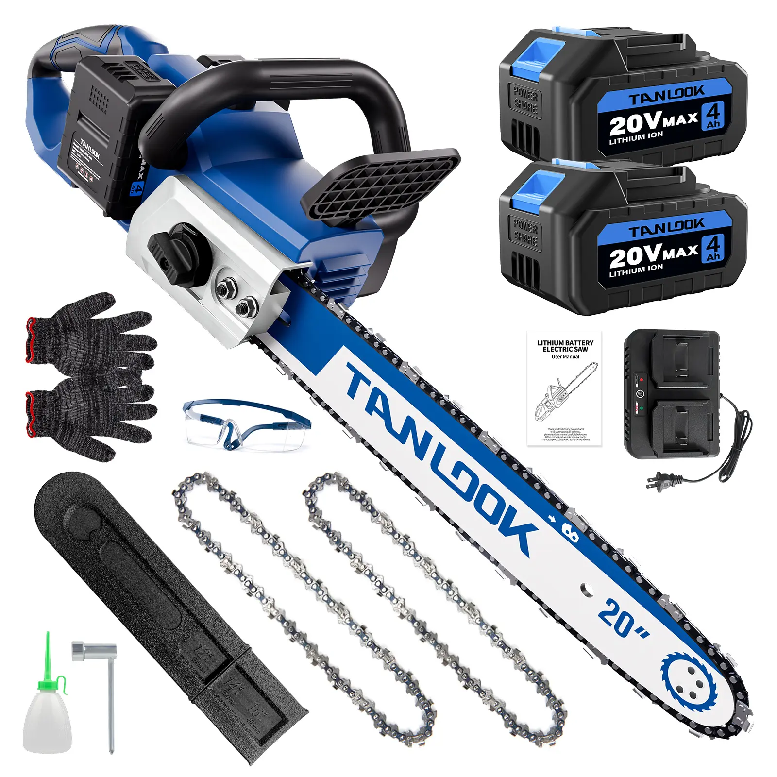 Tanlook Heavy Duty 20-in Cordless Chainsaw - Brushless Motor High-Power Electric Tool with 2 Rechargeable Batteries, Durable, Easy Maneuverability for Garden Yds, Tree & Wood Cutting (for Outdoor Enthusiasts)