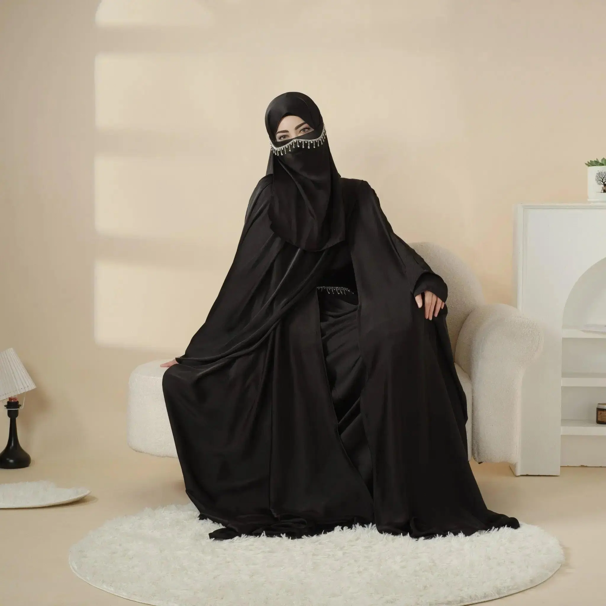 Satin Open Abaya Set for Women - 5-Piece Loose Fit Modest Gown with Long Sleeve Inner Dress, Hijab, Niqab and Diamond Tassel Belt, Modest Fashion Inspo, Follow Size Chart, Basic