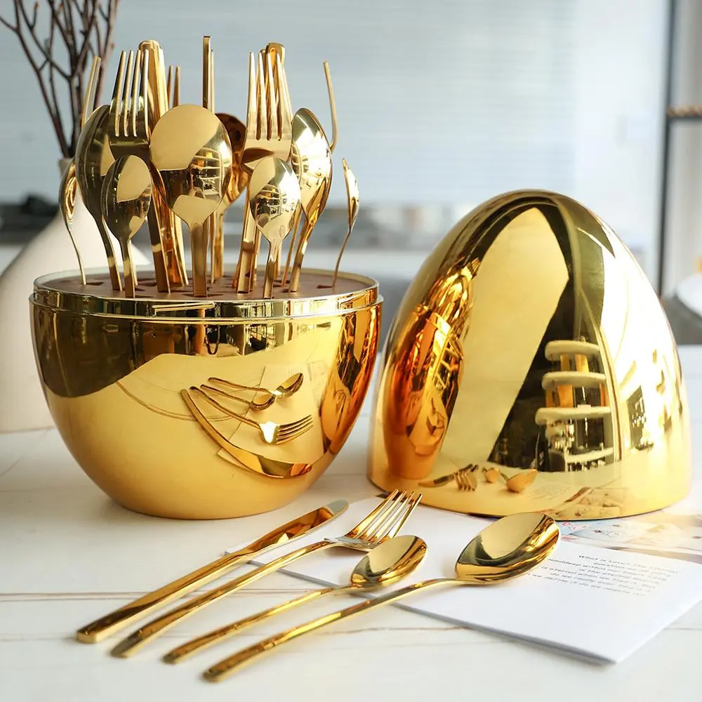 Egg Design Easter Party Tableware Set, Kitchen Dining Utensils, Serving Utensils, 24pcs Stainless Steel Cutlery & 1 Egg-shaped Utensils Holder for Home Use, Kitchen Knife, Fork, Dessert Spoon Set, Kitchen Accessories, Gold Dinnerware Set