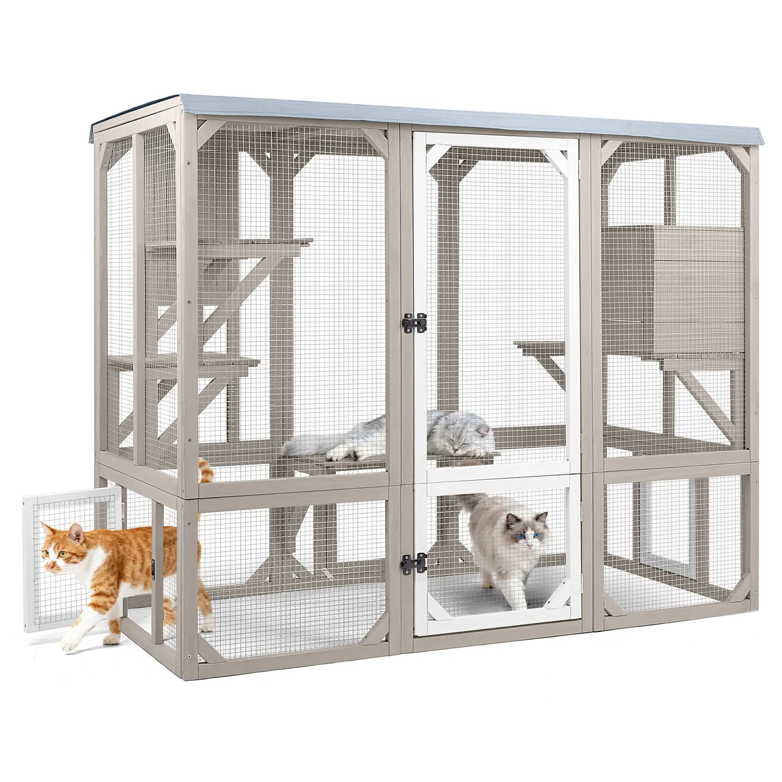 Petscosset Outdoor Wooden Cat Catio, Weatherproof Sun/Rain Protection Roof, Dedicated Pet Door, Multi-Level Platforms, Spacious Resting Nook, Safe Wire Mesh, All-Season Backyard Patio Cat Enclosure