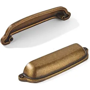 10 Pack Antique Brass Cup Pulls 3 Inch Center to Center - Cabinet & Drawer Handles for Kitchen Hardware