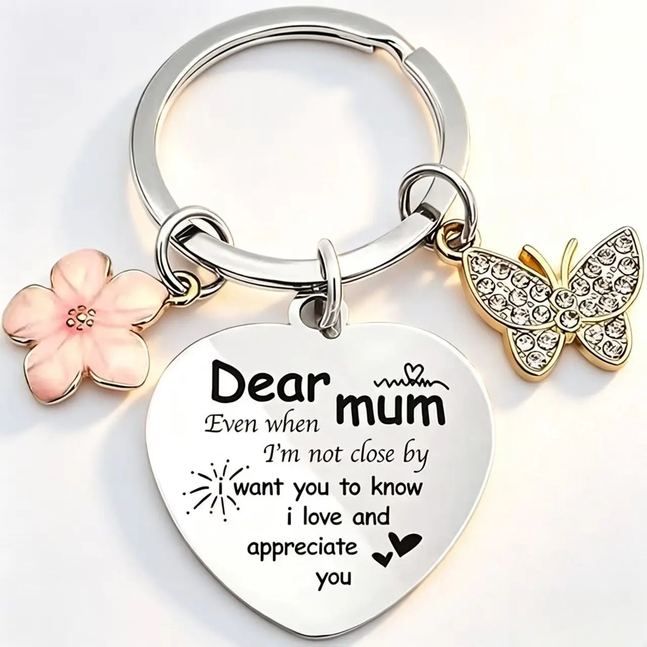Stainless Steel Engraved Mom Keychain - Heart Pendant with Flower, Butterfly Charms, Emotional Gift for Mom from Daughter, Son