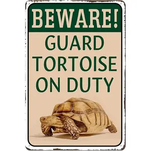 Vintage Metal Tin Wall Sign - 8x12 in, Funny Quote "Beware! Guard Tortoise on Duty", Pre-Drilled Holes Home Decor, Perfect Gift for Tortoise Lovers Home Decoration Yard Sign