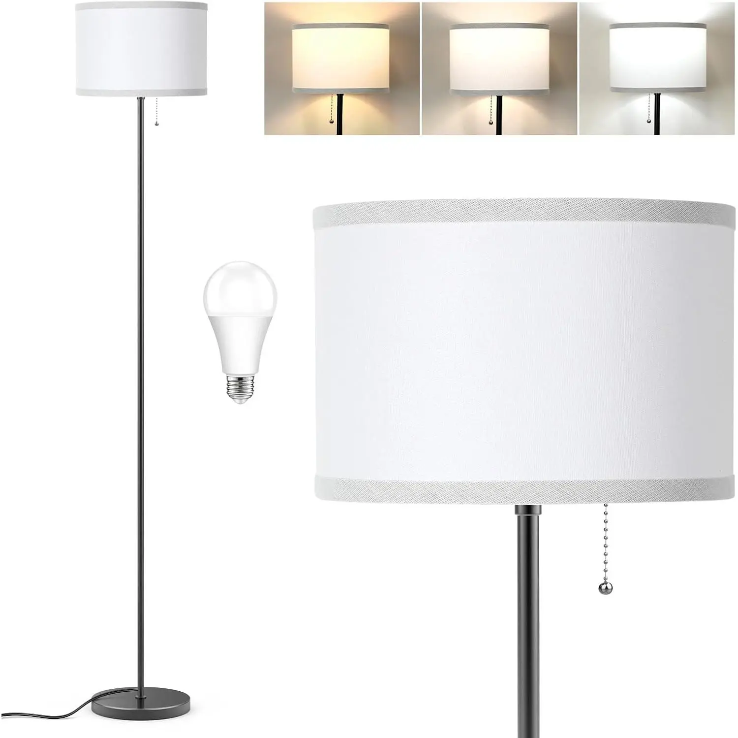 3-Way LED Floor Lamp - Minimalist Fabric Design, White Lampshade, Pull Chain, 9W Power LED Bulb Included, Mood Lighting Fixture, Decorative Indoor Light for Living Room, Home Office, Housewarming Gift, Minimalist Design, Decorative Lights