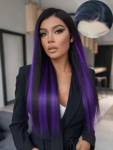 28 Inch 13*4 Hand-crocheted HD Transparent Lace Frontal Wigs Long Straight black Wigs Synthetic Heat Resistant Fiber Hair Wig Premium Highlight Purple Silk Straight 13x4 Hairpiece Wigs For Women With Glueless Lace Natural Straight Wigs 200% Density Wigs