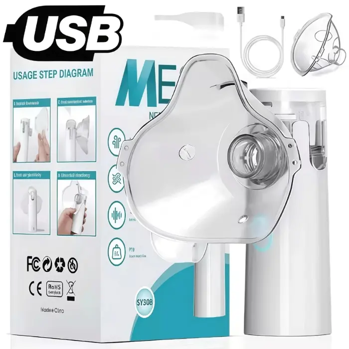 White USB-C Rechargeable Handheld Mesh Nebulizer Machine, 5-Minute Fast Treatment, Quiet Lightweight CE Certified for Home Travel Use with Adult & Child Masks, Portable Nebulizer Machine