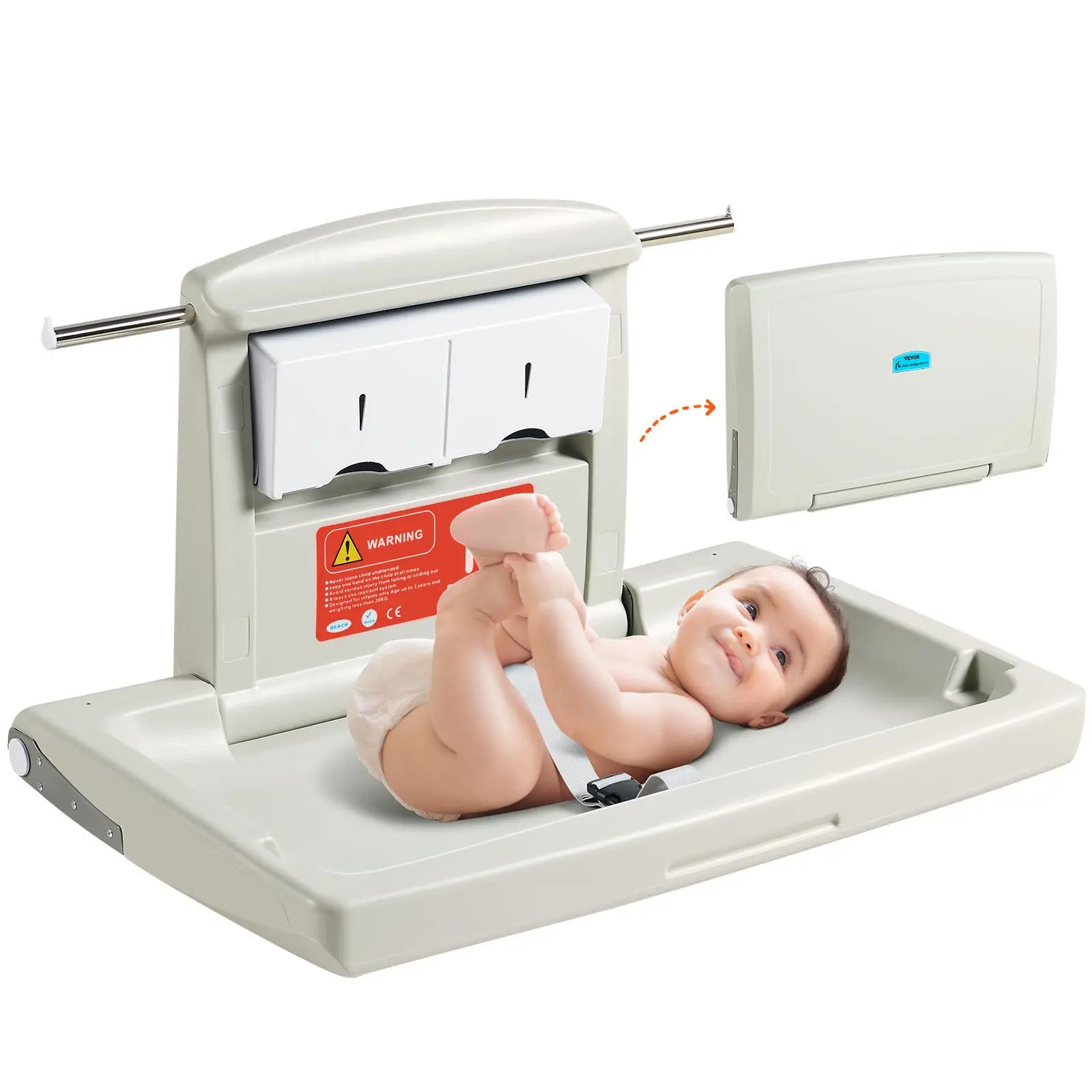 【Summerfinds】VEVOR B2-2 Wall-Mounted Baby Changing Station (0-2 Years, 10 - 15 Kg), 33.86x22.24x19.69 Inch Horizontal HDPE Plastic Folding Table Form, Adjustable Strap, Hanging Rods, Deep Edge Guardrails, Folds Easily for Commercial Bathrooms