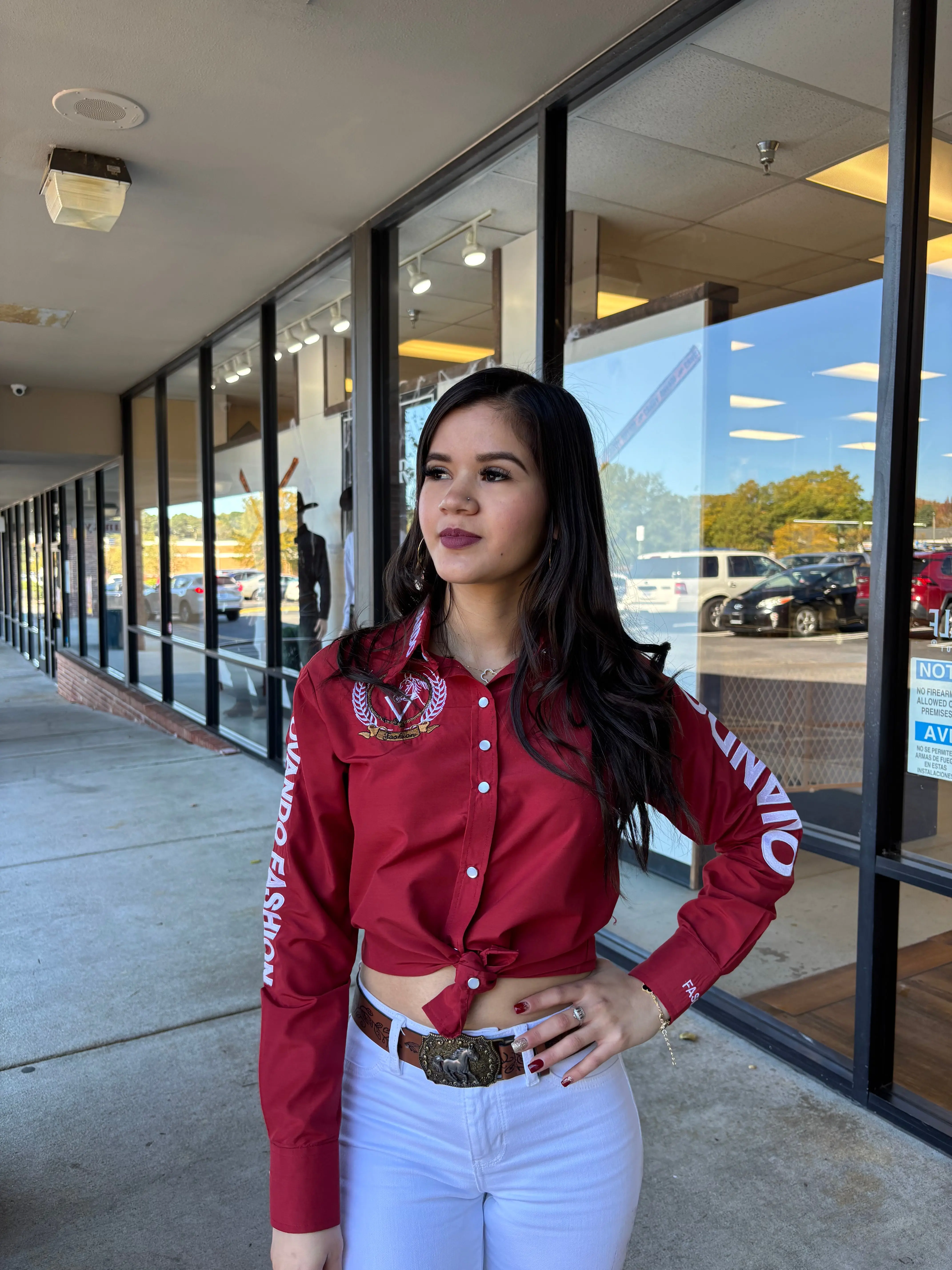 Women's OV Fashion Cognac Long Sleeve Basic Blouse - Comfortable Everyday Shirt, Stylish Clothes Products with Chest Bold Statement Print for Casual Wear