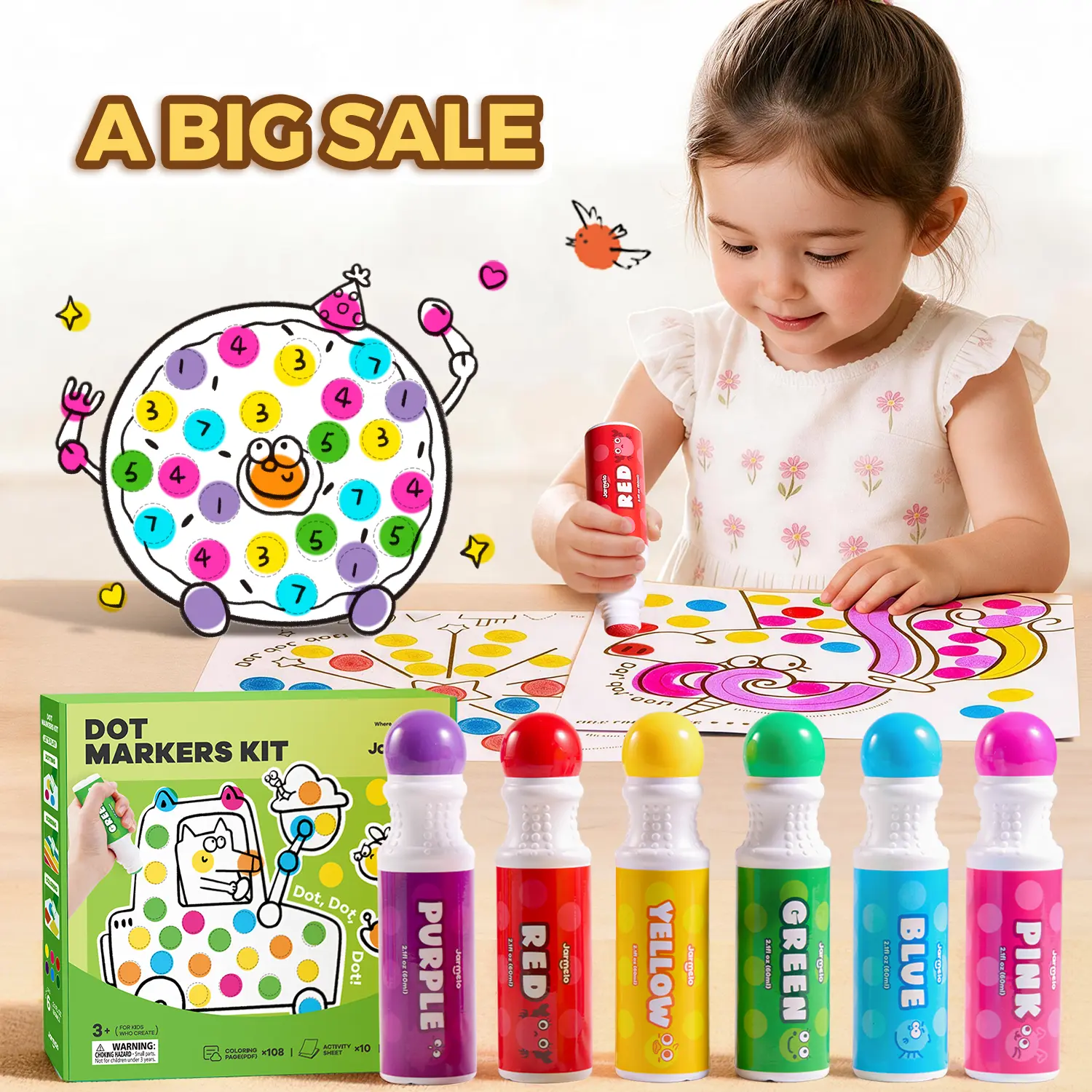 Jar Melo Dot Markers Kit,Acrylic Drawing Markers with Printed PDF  & 10 Physical Activity Papers Bingo for Toddlers,Non-Toxic Bingo Markers,Art supplies,Kids gifts,Back-to-school shopping