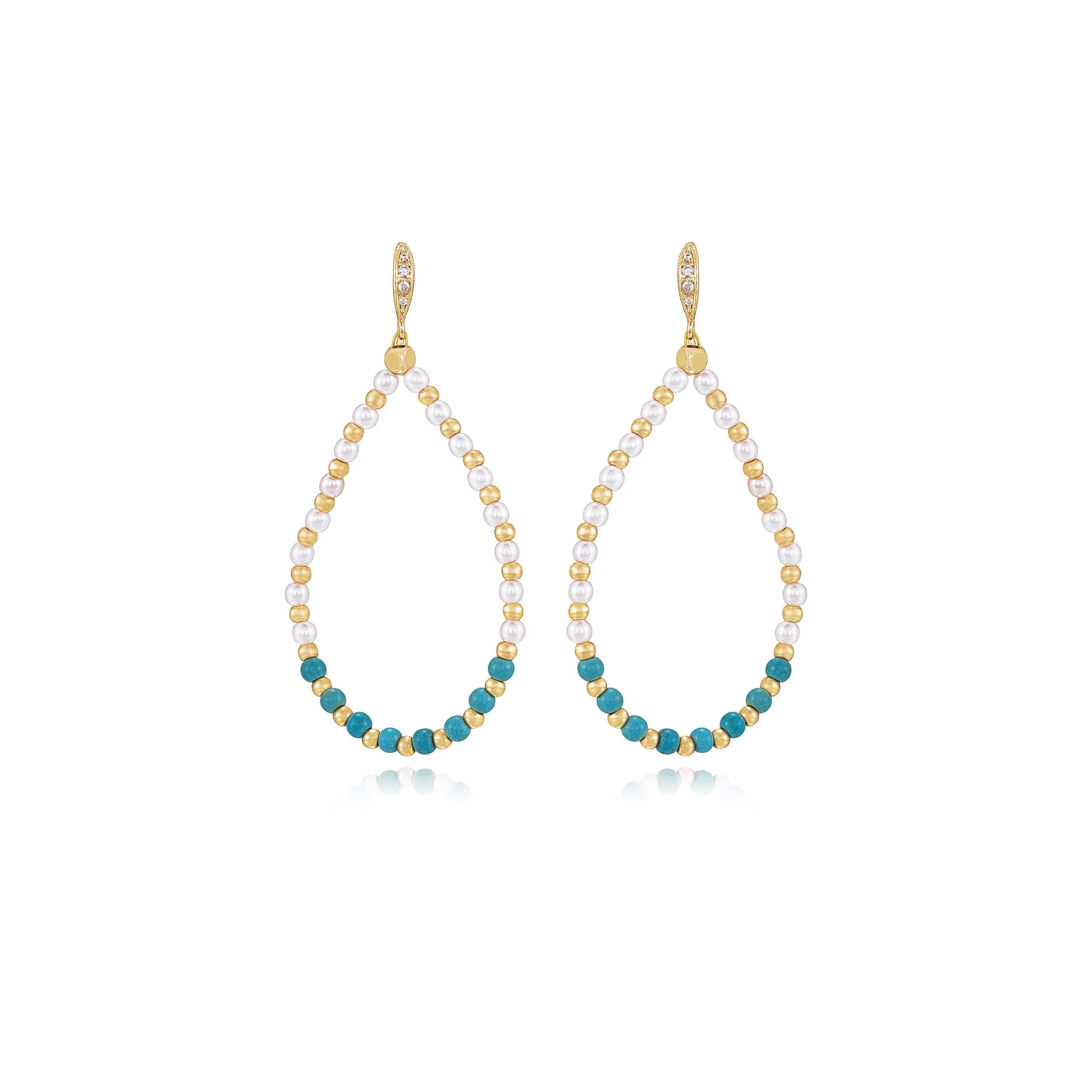 Turquoise and Pearl Teardrop Earrings – 18K Gold Plated Drop Earrings with Cubic Zirconia | Elegant Statement Jewelry for Women
