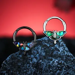Oufer Halloween 16G Abalone Shell Moth Front Face Septum Ring Helix Ring Black Nose Ring Inner Diameter 10mm Halloween 316L Stainless Steel