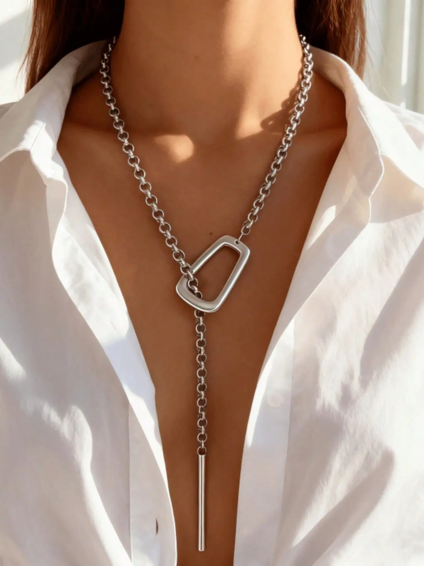 1 pc Long Silver Large Pendant, Women's Thick Silver Y-Shaped Necklace, Unique Thick Copper Adjustable Scarf-Style Necklace, Elegant Collarbone Necklace, Fashion Necklace, Chunky Necklace