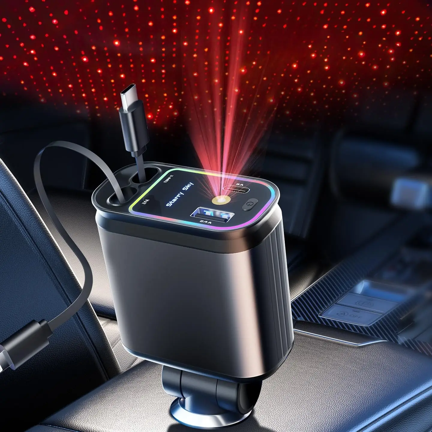 66W Multi-Function Car Charger with Dual Retractable Cables, 4-in-1 Fast Charge Adapter + Starry Sky Projector Light, Multifunctional Charger, Fast Charging Charger