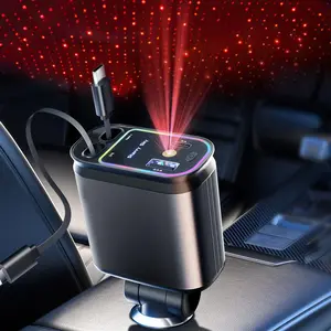 66W Multi-Function Car Charger with Dual Retractable Cables, 4-in-1 Fast Charge Adapter + Starry Sky Projector Light