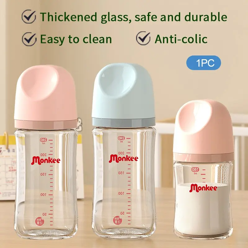 Glass Baby Bottle 160ml/240ml, Newborn Bottles, Wide Neck, Heat-Resistant, BPA-Free, Anti-Colic, Breastfeeding Bottle with Natural Response Eccentric Nipple, Easier Feeding, Suitable for Babies, Durable and Easy to Clean, Pink/Blue Cap