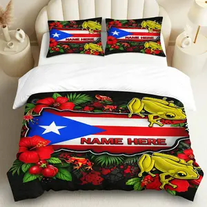 3PCS Duvet Cover Set, 1 Duvet+2 Pillowcases(Without filler), Puerto Rican Frog Hibiscus Tropical Bold theme, Celebration bedding set, Colorful Flag Floral Suitable for bedroom living room guest room hotel decor.