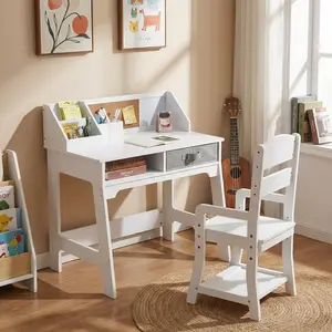 Garvee Adjustable Kids Study Desk and Chair Set - Wooden Table with Hutch Drawers Cork Board Pen Holders - Ergonomic Homework & Art Station for Children Ages 3-8 - Easy Clean - CPSIA Certified