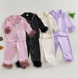 Toddler Baby Girl Satin Pajama Set Feather Trim Long Sleeve Button Down Shirt Top Long Pants Sleepwear Loungewear