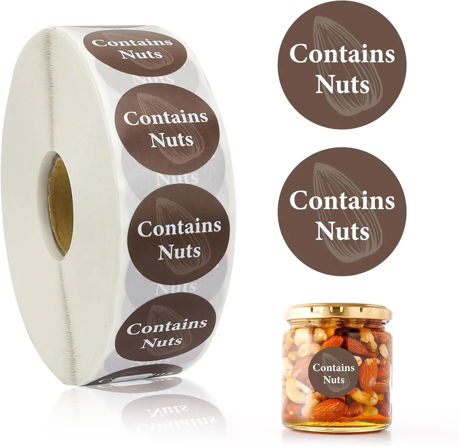 2000pcs Contains Nuts Stickers 1in Nut Allergen Warning Brown | Tree Nut Allergy Food Rotation Advisory Label for Retail Food Packing Restaurant Cake Shop Cookie Bakery Businesses Kitchen