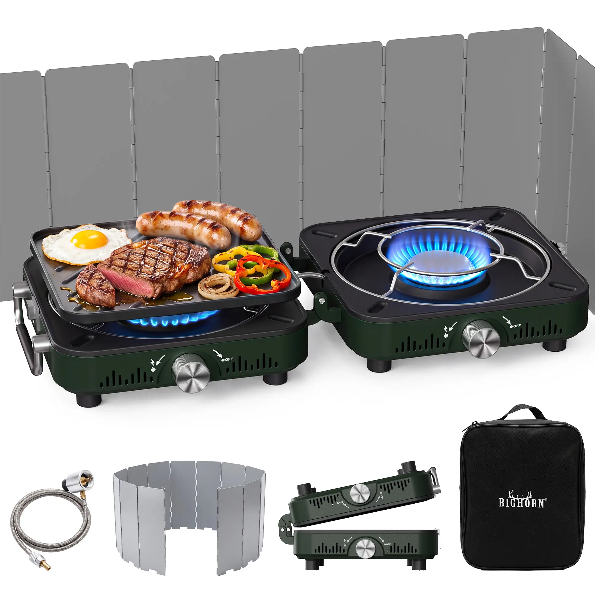 BIG HORN OUTDOORS  2-Burner Camping Stove with Windshield, 30,000 BTU Propane Portable Camp Stove with 2 Adjustable Burners & Piezo Ignition, Folding Burner Gas Grill, Includes Frying Pan & Carry Bag for Outdoor Cooking,Tailgating, BBQ, RV