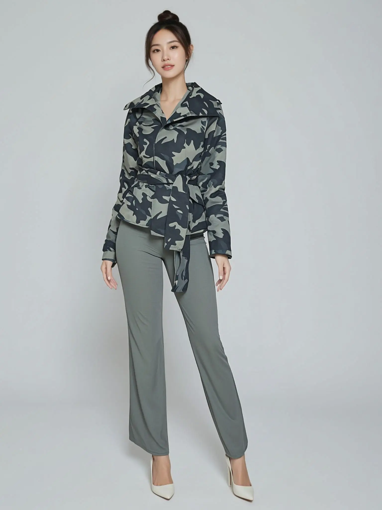 Camouflage Jacket Oversized Cotton Lightweight Belt Coats Green Black Outerwear Long Sleeve