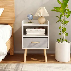 Nightstand With Collapsible Fabric Drawer, 2-Tier Storage End Table, Wood Side Table with Storage Cabinet for Kids, Adults - White