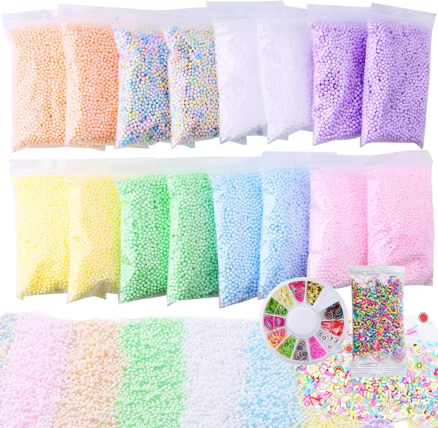 Summer Spring Gift Slime Foam Beads Floam Balls – 18 Pack Microfoam Beads Kit 0.1-0.14 and 0.28-0.35 inch Colors Rainbow Fruit Beads Craft Add ins Homemade DIY Kids Ingredients Flome Styrofoam Supplies Big