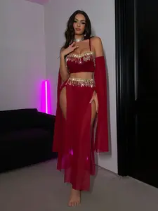 Elegant Women's Stage Performance Dress Set, Long Flowing Tassels, High Split Design, Adjustable Straps, Suitable for All Seasons