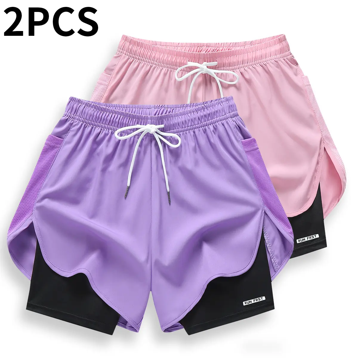 YYW1 Women's Shorts, 2-Pack Double-Layer Activewear with Letter Print, Quick-Drying Breathable Fit Fitness and Casual, Clothes Women, Active Women's Shorts
