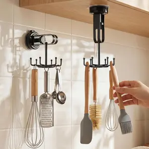 2 Pack Vacuum Suction Cup Kitchen Utensil Hook with 6 Hooks, Up to 11 lbs Under Cabinet Kitchen Hooks with 360° Rotating, Utensils Hanging Rack for Kitchen Bedroom Bathroom Glass
